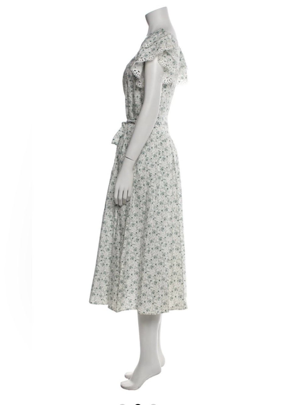 Lightweight White and Blue Floral Midi Dress with Lace Sleeves